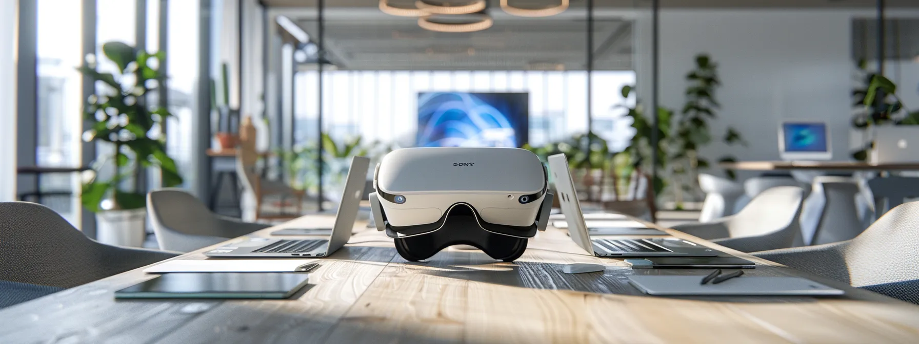 a sleek, modern office space featuring an elegant conference table surrounded by laptops and digital devices, with a prominent virtual reality headset displayed, symbolizing the innovative and strategic assessment of getresponse for enhancing email automation in real estate.