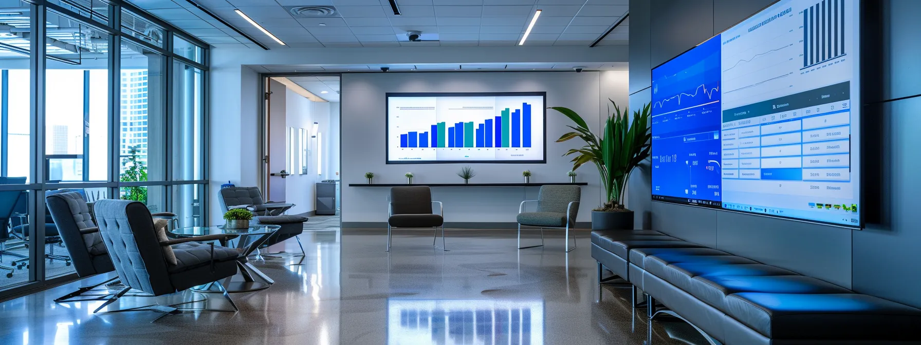 a sleek, modern office space features a large digital screen displaying dynamic analytics and marketing strategies, illuminated by ambient lighting that highlights a sophisticated workspace dedicated to enhancing realtor client engagement through technology.