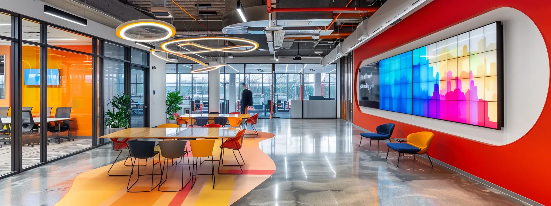 a sleek, modern office space features a large digital screen displaying colorful branding elements during a collaborative team meeting, emphasizing the importance of brand audits and design updates for maintaining market visibility.