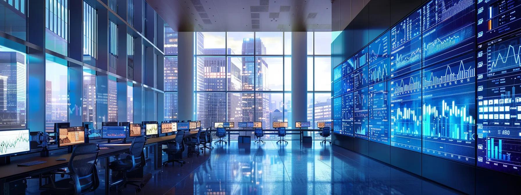 a sleek, modern office space features a large digital display showcasing real-time rental market data, with a diverse group of focused investors analyzing cap rates and cash flow metrics on high-tech laptops, embodying the strategic analysis behind successful rental property investments.