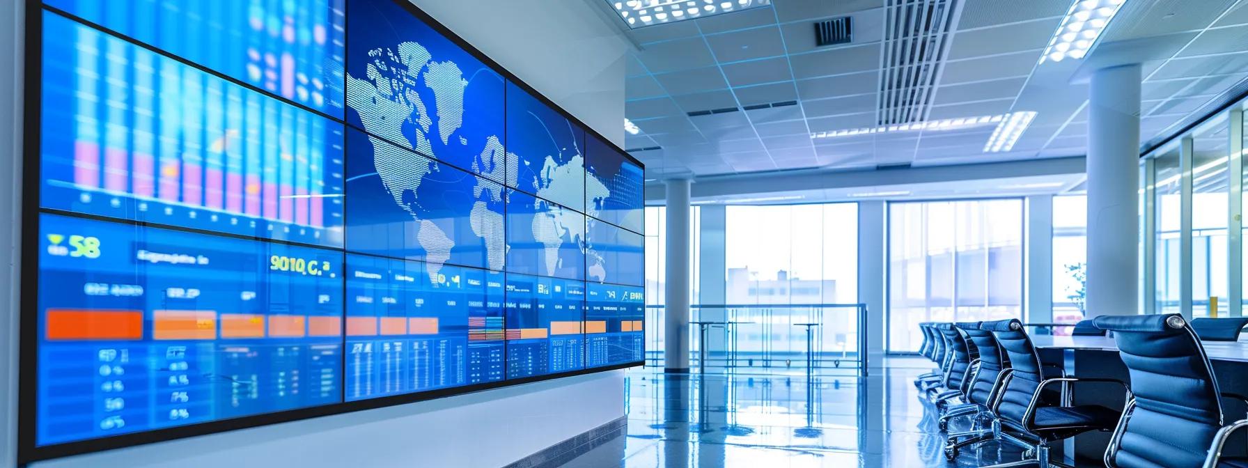 a sleek modern office with a minimalist design showcases a large digital display featuring dynamic graphs and charts illustrating the performance of various real estate investment trusts (reits) and their consistent returns, reflecting a bustling investment environment.