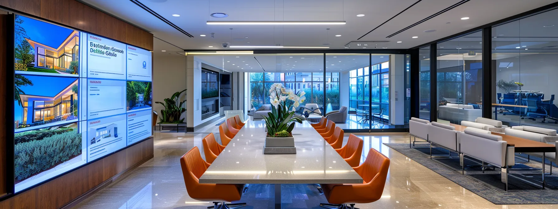 a sleek, modern office workspace features a large, interactive touchscreen displaying a luxury real estate website, designed with organized content and striking visuals that highlight premium properties, all under sophisticated ambient lighting.
