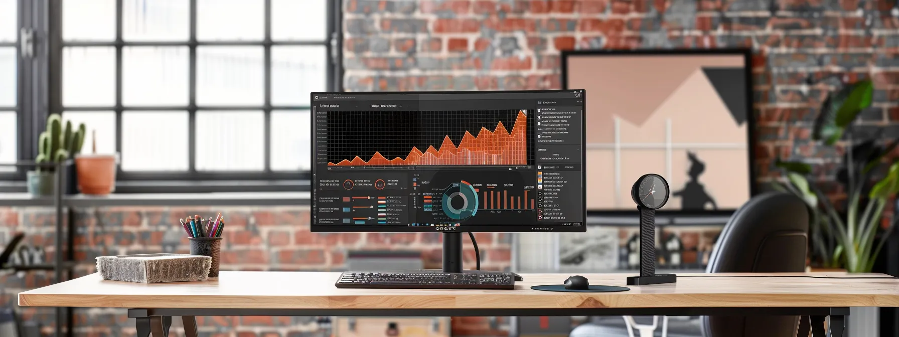 a sleek, modern office workspace features a computer screen displaying a vibrant a/b testing interface, with graphs and metrics highlighting conversion rates, while a thoughtful real estate professional analyzes data and strategies to enhance their 'why choose me' landing page.
