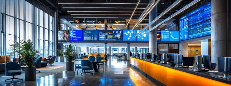 a sleek, modern office workspace is illuminated by vibrant digital screens displaying automated listing notifications, conveying a sense of innovation and efficiency in technology.