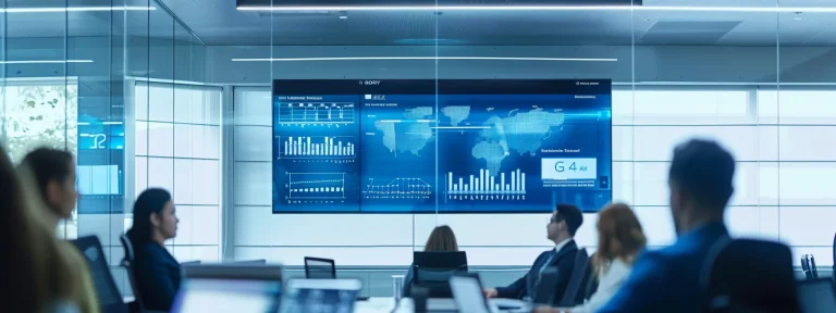 a sleek, modern office workspace with a large digital screen displaying vibrant analytics and engaging marketing strategies, showcasing the intersection of technology and real estate innovation.