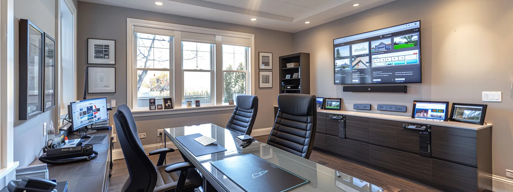 a sleek, modern office workspace features a large computer screen displaying an intuitive scheduling software interface seamlessly integrated into a realtor website, surrounded by vibrant digital devices highlighting connectivity and efficiency.