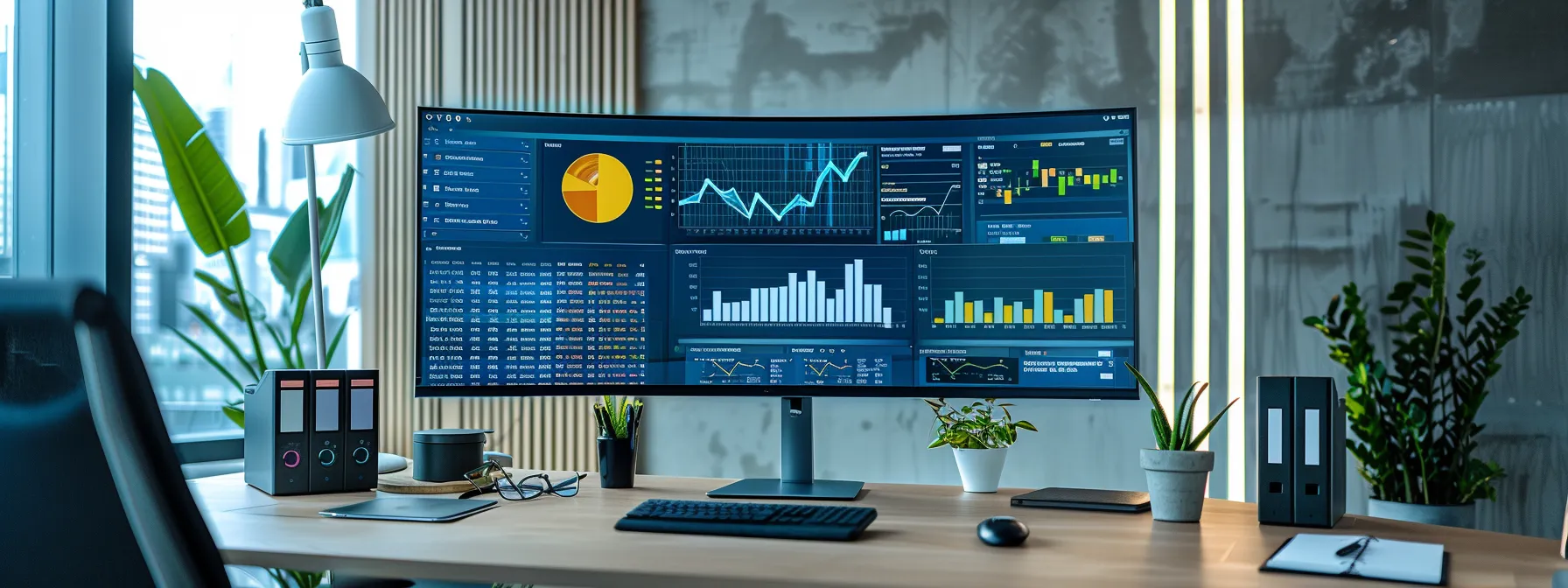 a sleek, modern office workspace displays a large digital screen showcasing analytics and client reviews, complemented by sophisticated software tools on an organized desk, embodying the essence of efficient review management for a realtor's online presence.