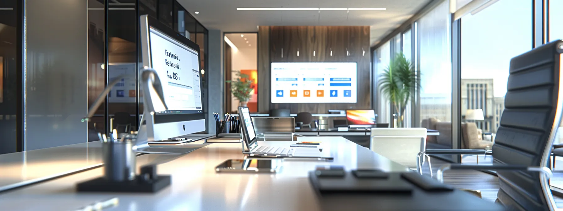 a sleek, modern office workspace showcases a computer screen displaying vibrant review widgets, accented by tutorial videos and guides on the desk, highlighting resourceful tools for enhancing an online realtor presence.