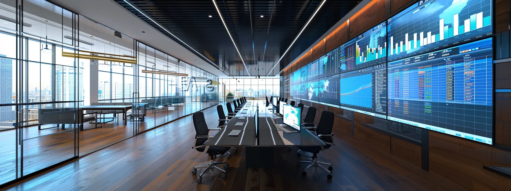 a sleek, modern office workspace showcases a diverse group of real estate investors passionately collaborating over high-tech crm software displayed on multiple screens, reflecting dynamic charts and organized data management tools.
