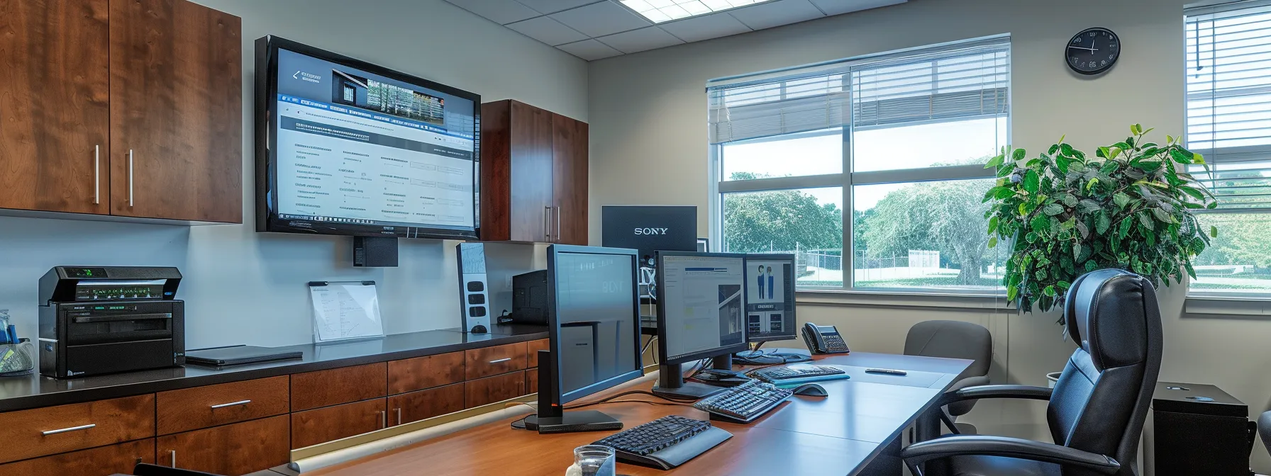 a sleek, modern office workspace showcases a large, clear computer screen displaying an organized, visually appealing property staging website, highlighting intuitive navigation and enhanced visuals that emphasize commercial listings.