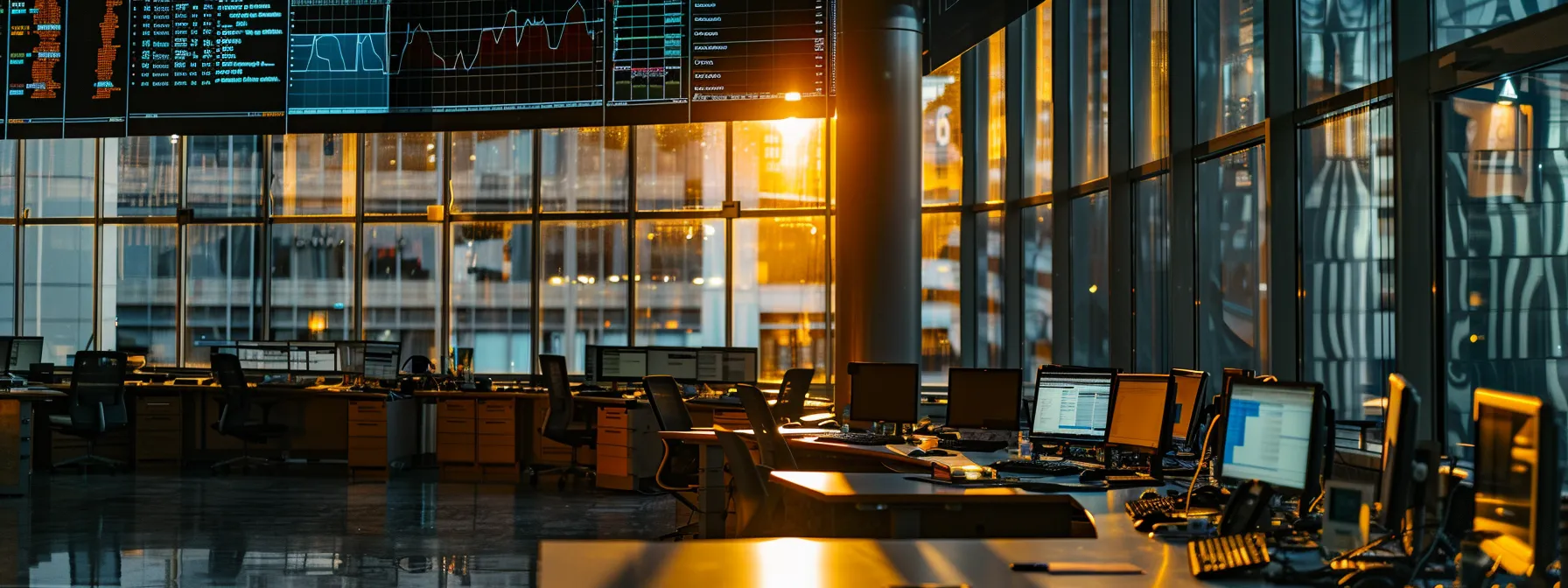 a sleek, modern office workspace is filled with advanced technology including large digital screens displaying predictive analytics and crm software, symbolizing the dynamic transformation of real estate investment practices through ai and mobile technology.