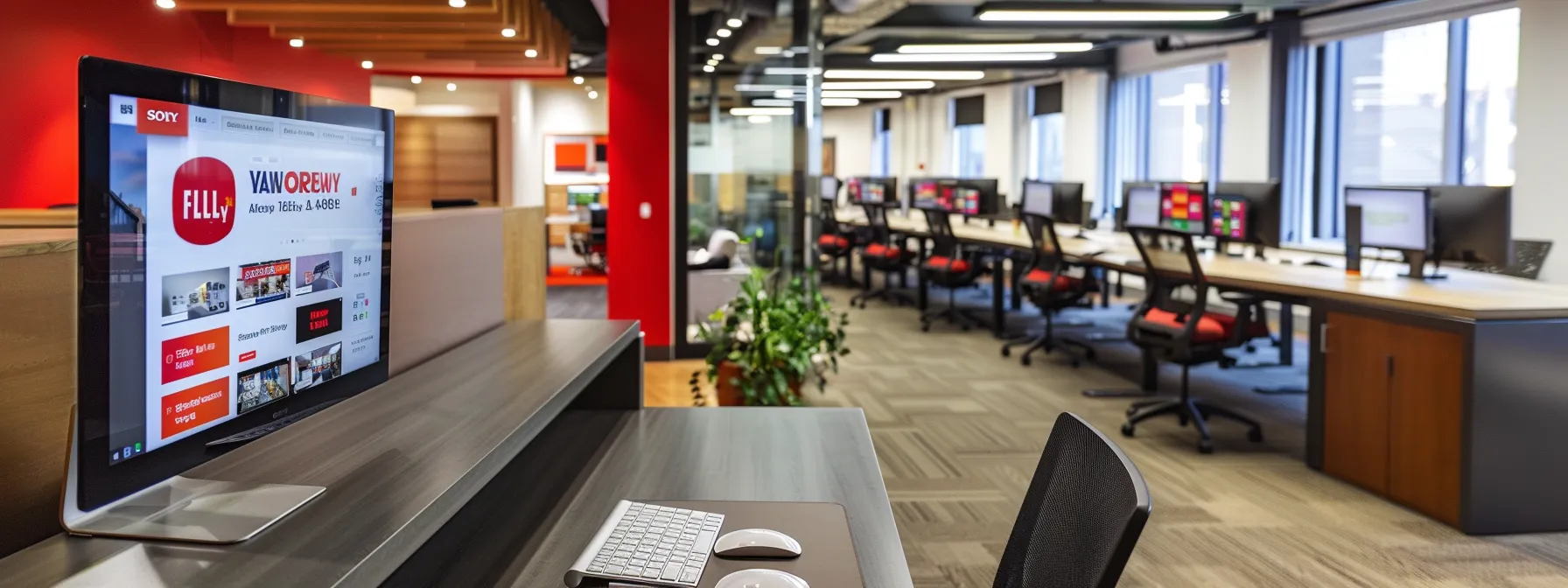 a sleek, modern office workspace showcases a computer screen displaying a vibrant, customized yelp review widget, infused with branding elements and optimized for search engines, while a professional reviews the interface on a digital tablet, emphasizing user-friendly design and functionality.