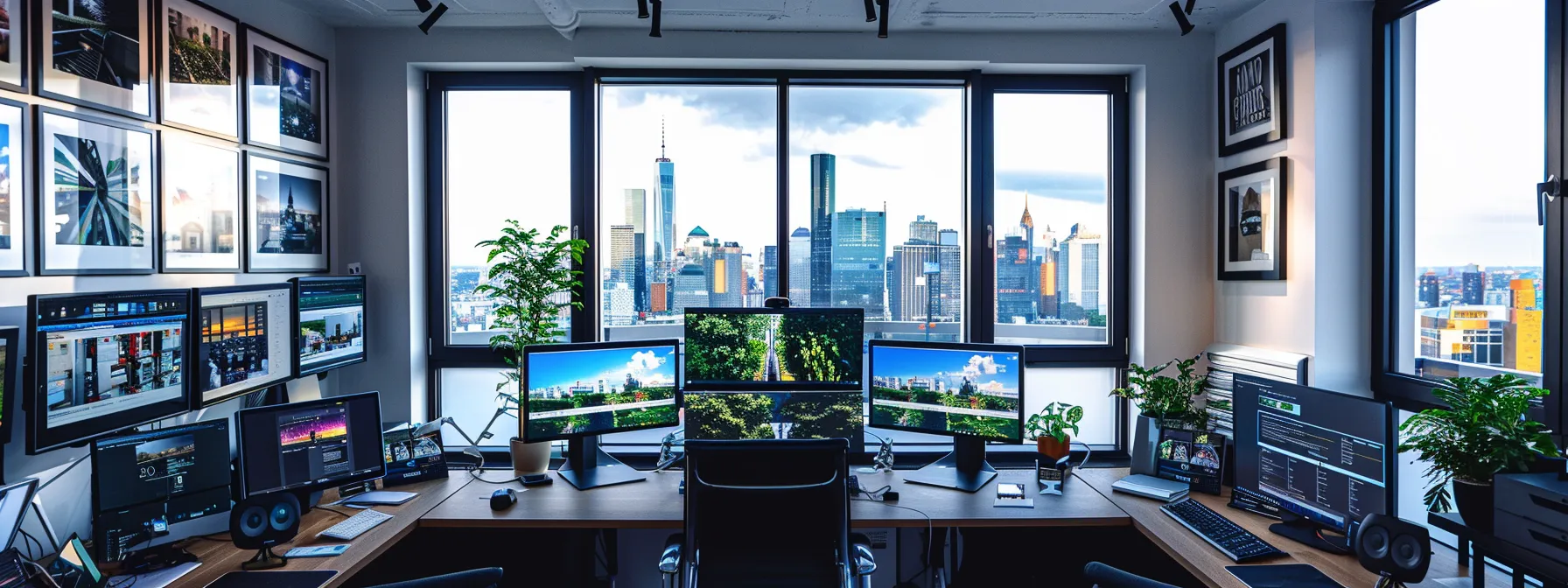 a sleek, modern office workspace showcases an array of real estate website designs on multiple screens, highlighting bold photography and intuitive layouts that exemplify effective engagement strategies.