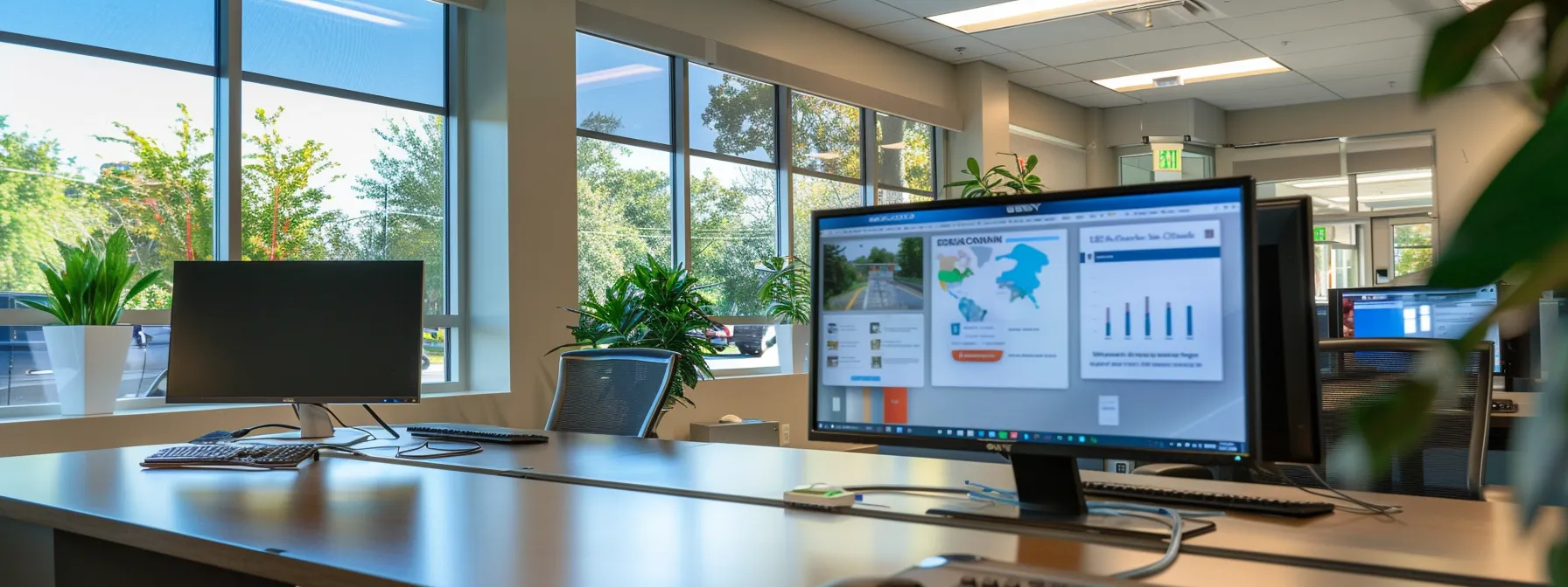 a sleek, modern office workspace showcases a sharp computer screen displaying a well-organized realtor website, with zoomed-in visuals of high-quality images and infographics demonstrating secure data handling and digital marketing strategies, all under bright, focused lighting that emphasizes professionalism.