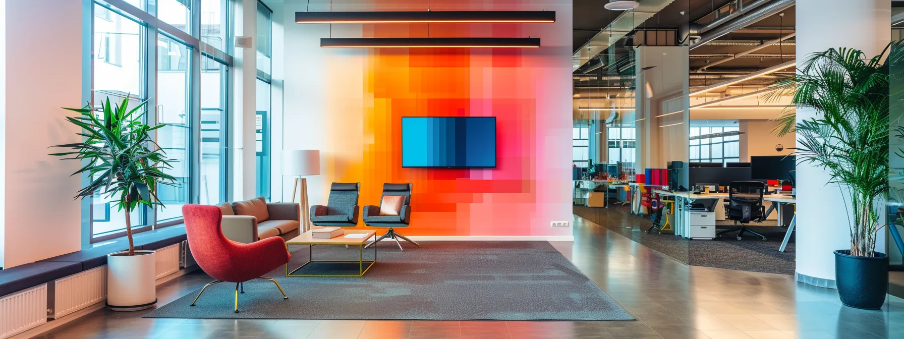 a sleek, modern office workspace showcases an expansive color palette on a digital screen, emphasizing the correlation between vibrant hues and brand identity in real estate marketing, with thoughtfully arranged design materials highlighting color theory in an engaging, professional atmosphere.