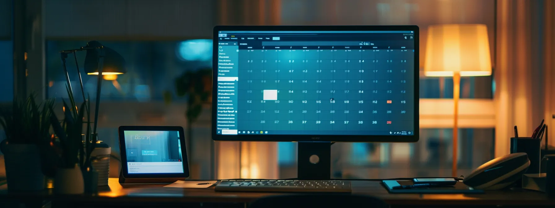 a sleek, modern office workspace features a large computer screen displaying an intuitive calendar booking tool, surrounded by organized notes and a digital tablet, highlighting smart scheduling and real-time updates.