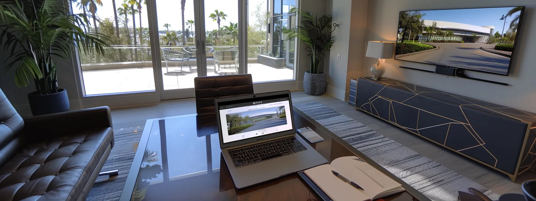 a sleek, modern office workspace showcases an open laptop displaying a visually striking real estate website, emphasizing crisp typography and a clean layout that invite focus on property details, while a stylish notepad and pen rest nearby, capturing the essence of effective branding in the digital age.
