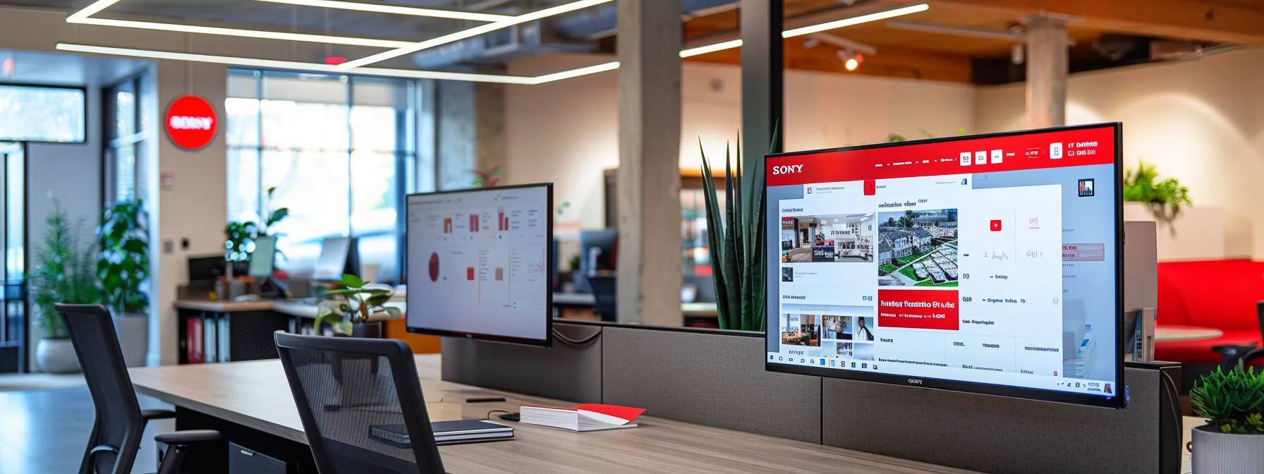 a sleek, modern office workspace features a large monitor displaying an interactive realtor website, prominently showcasing glowing yelp reviews, with a digital analytics dashboard in the background highlighting the website's impressive performance metrics.