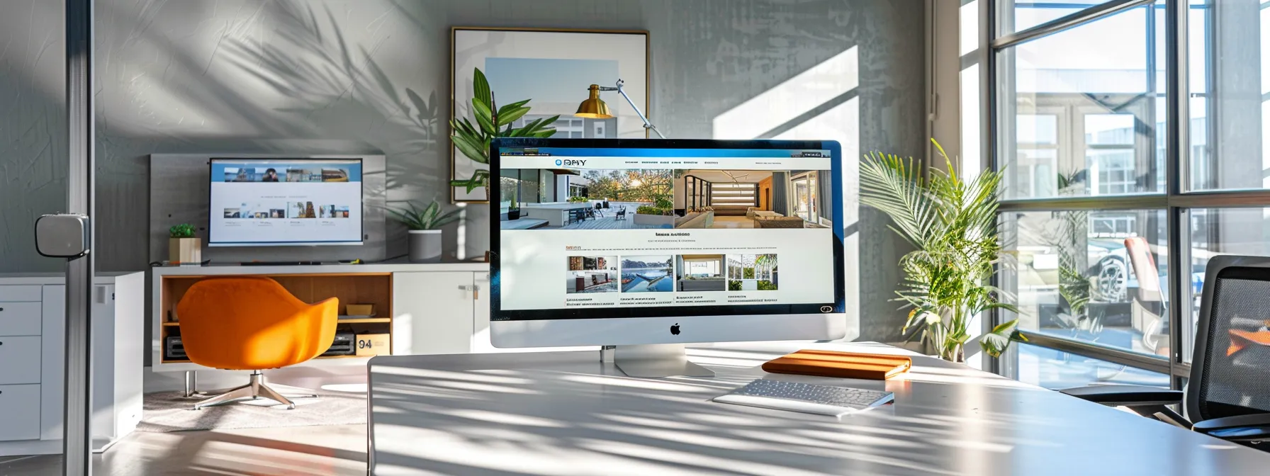 a sleek, modern office workspace showcases a vibrant real estate website displayed on a large monitor, highlighting a clean layout with bold property images and intuitive navigation features.