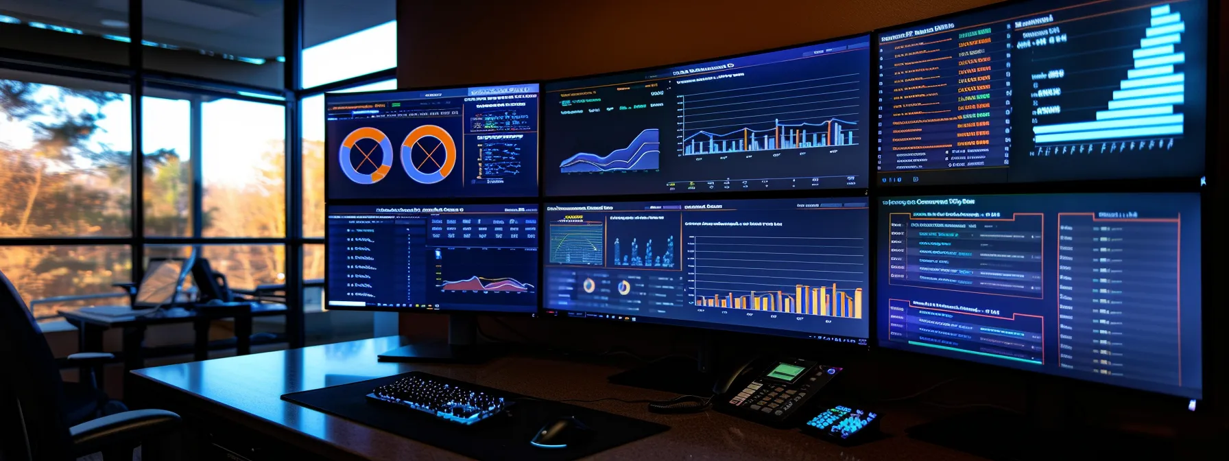 a sleek, modern office workspace features a large computer screen displaying a vibrant dashboard of email automation metrics, with customizable email templates and analytics graphs glowing in the warm ambient light, illustrating efficiency and enhanced user experience in digital marketing.