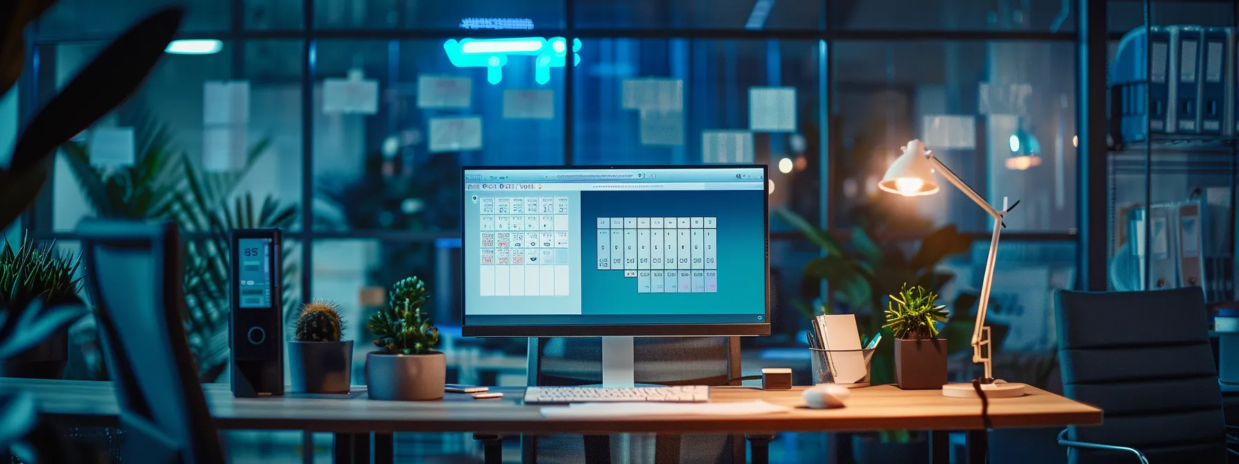 a sleek, modern office workspace features a large digital screen displaying an interactive calendar booking interface, surrounded by vibrant social media posts and glowing customer reviews, all under dynamic, focused office lighting that emphasizes a professional yet inviting atmosphere.