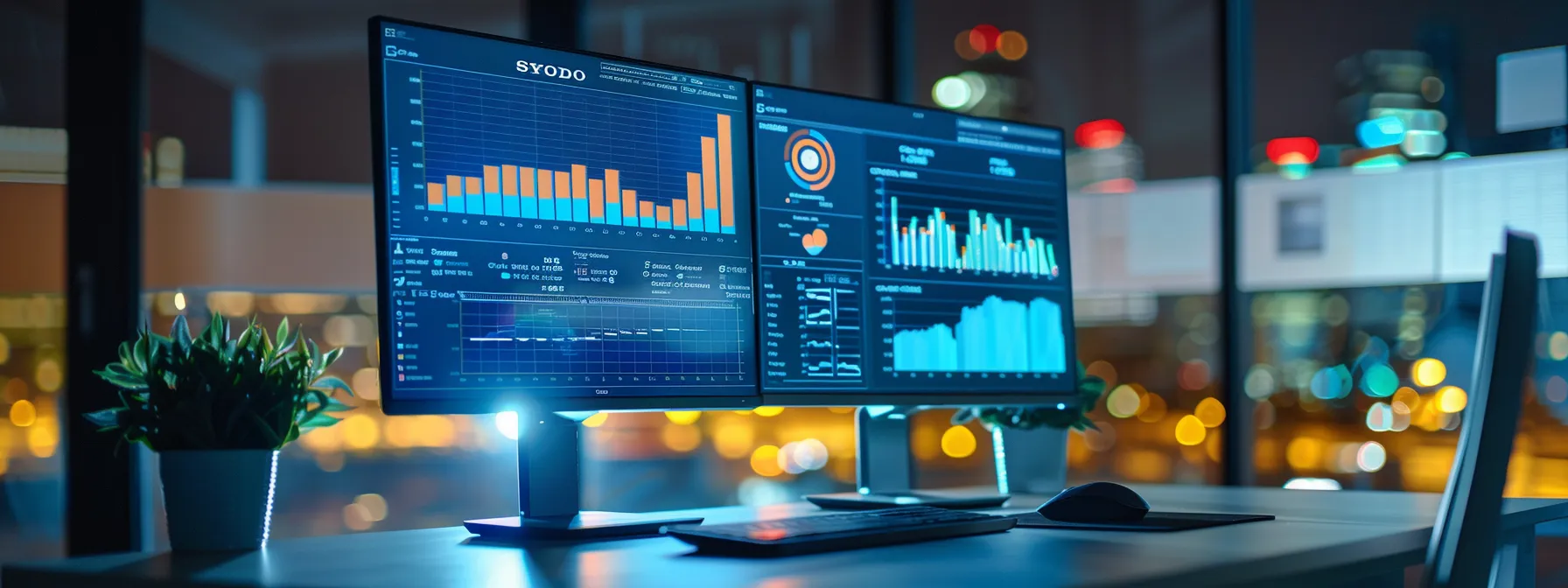 a sleek, modern office workspace features a high-tech computer display showcasing vibrant analytics and engaging localized content, illuminated by bright, focused led lighting that highlights the innovative atmosphere of digital marketing strategies for real estate enhancement.