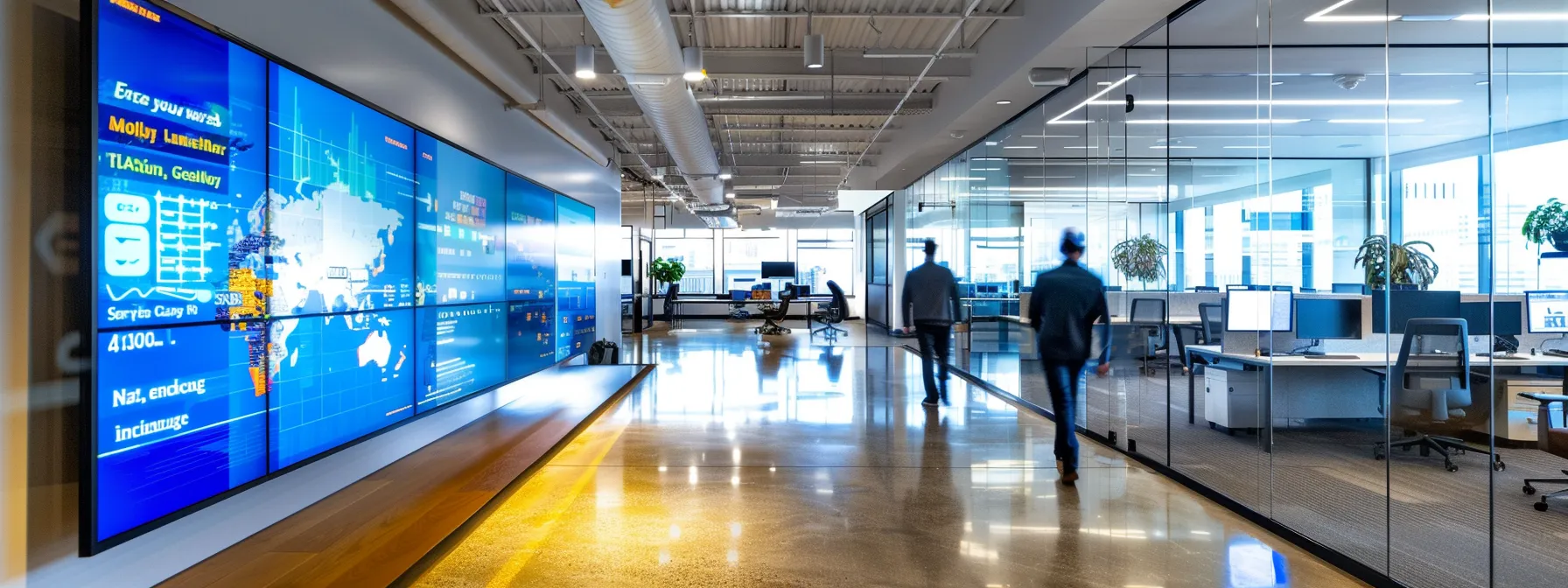 a sleek, modern office workspace is filled with vibrant digital screens displaying strategic marketing plans, social media schedules, and advertising metrics, all emphasizing a dynamic approach to launching a real estate business.