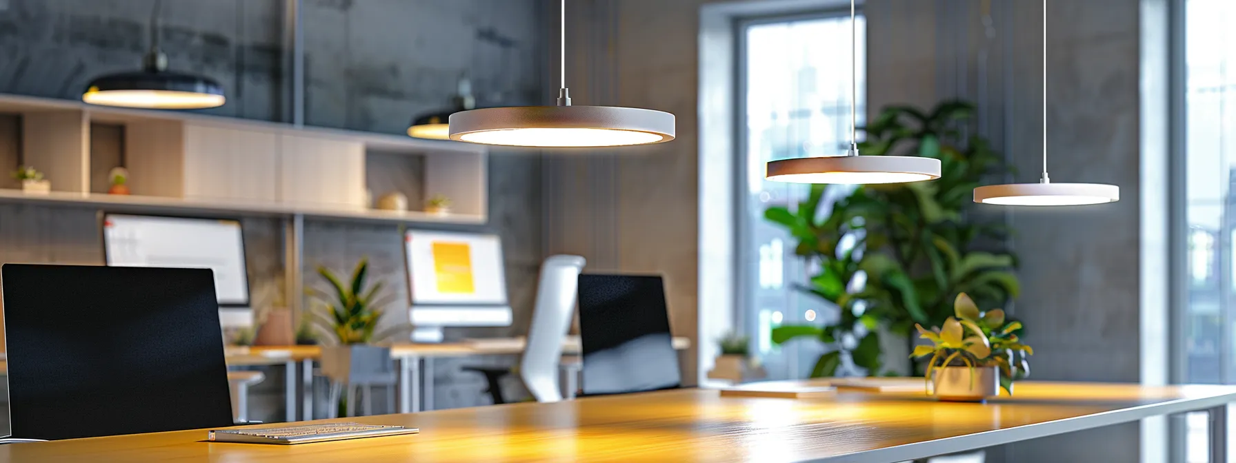 a sleek, modern office workspace features a vibrant digital display showcasing a well-structured 'why choose me' webpage, highlighted by bold visuals and intuitive navigation, all under the soft glow of warm pendant lights that create an inviting atmosphere for client engagement.