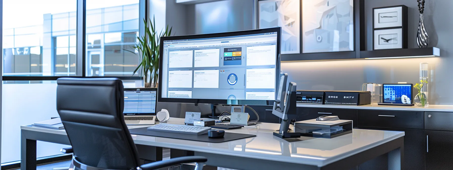 a sleek, modern office workspace showcases a large computer screen displaying an intuitive scheduling software interface, surrounded by high-tech accessories, emphasizing the seamless management of appointments in the real estate industry.