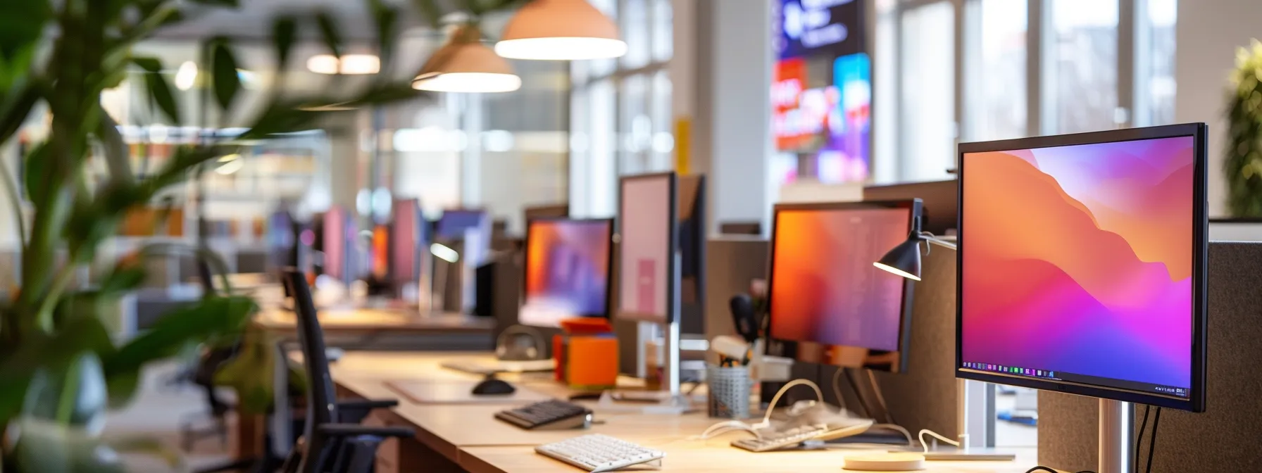 a sleek, modern office workspace is filled with illuminated computer screens displaying vibrant examples of effective 'why choose me' pages, with bold text and engaging visuals, emphasizing strategic design choices that enhance user engagement and conversion rates.