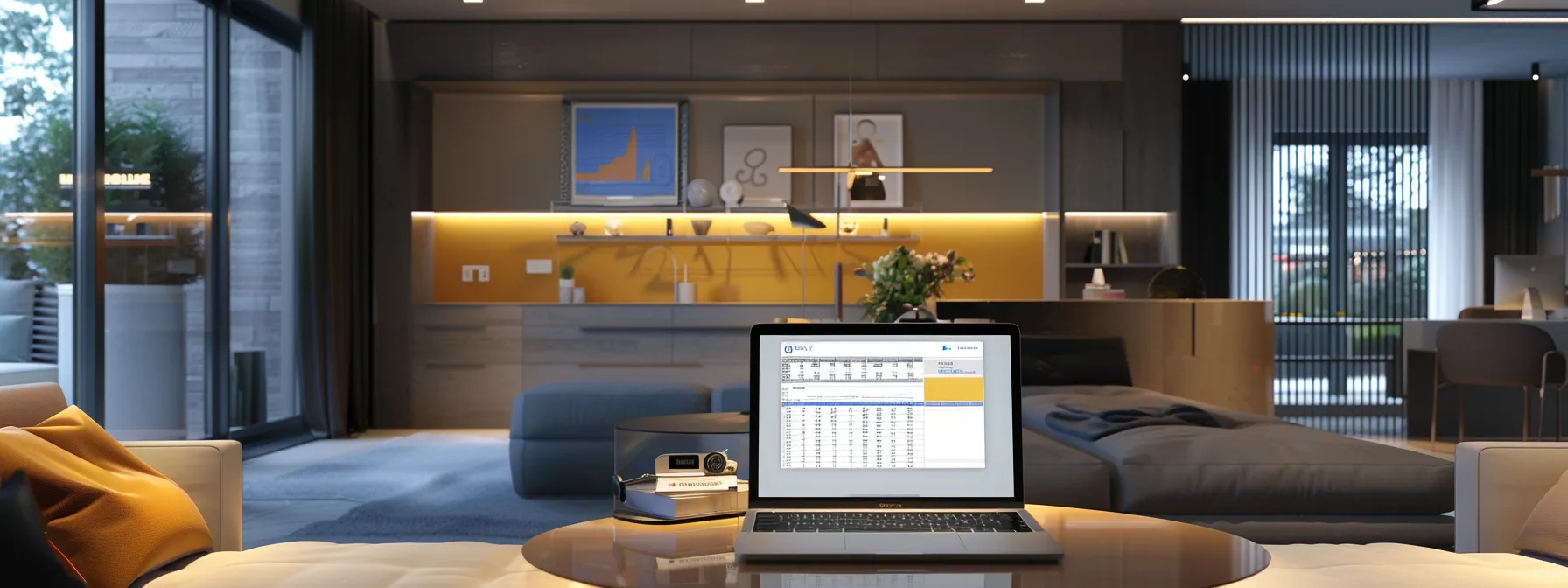 a sleek, modern office workspace showcases an open laptop displaying a detailed real estate spreadsheet, surrounded by vibrant charts and motivational quotes on the walls, symbolizing the dynamic process of identifying motivated seller leads in real estate.