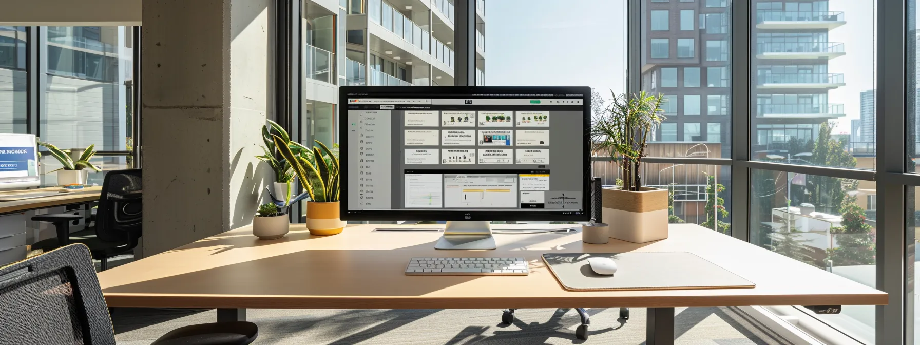 a sleek, modern office workspace showcases a computer monitor displaying an innovative real estate search interface, featuring a clean layout with prominent search tools and a readable serif font, emphasizing efficiency and user-friendly navigation in property listings.