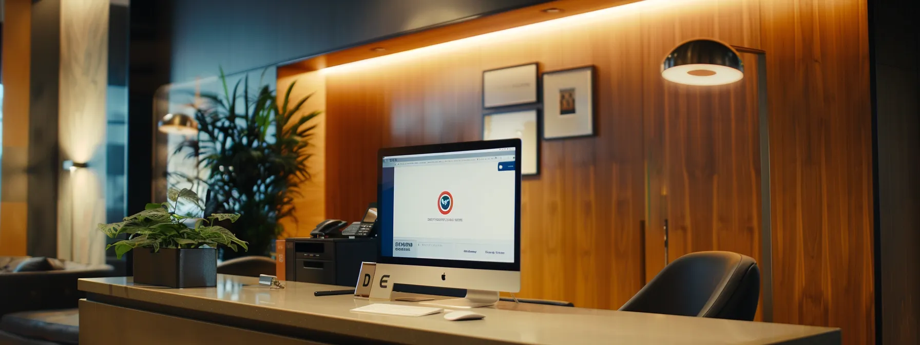 a sleek, modern office workspace featuring a stylish desktop computer screen displaying a vibrant realtor logo prominently on a professional website, illuminated by soft overhead lighting that enhances the contemporary decor.