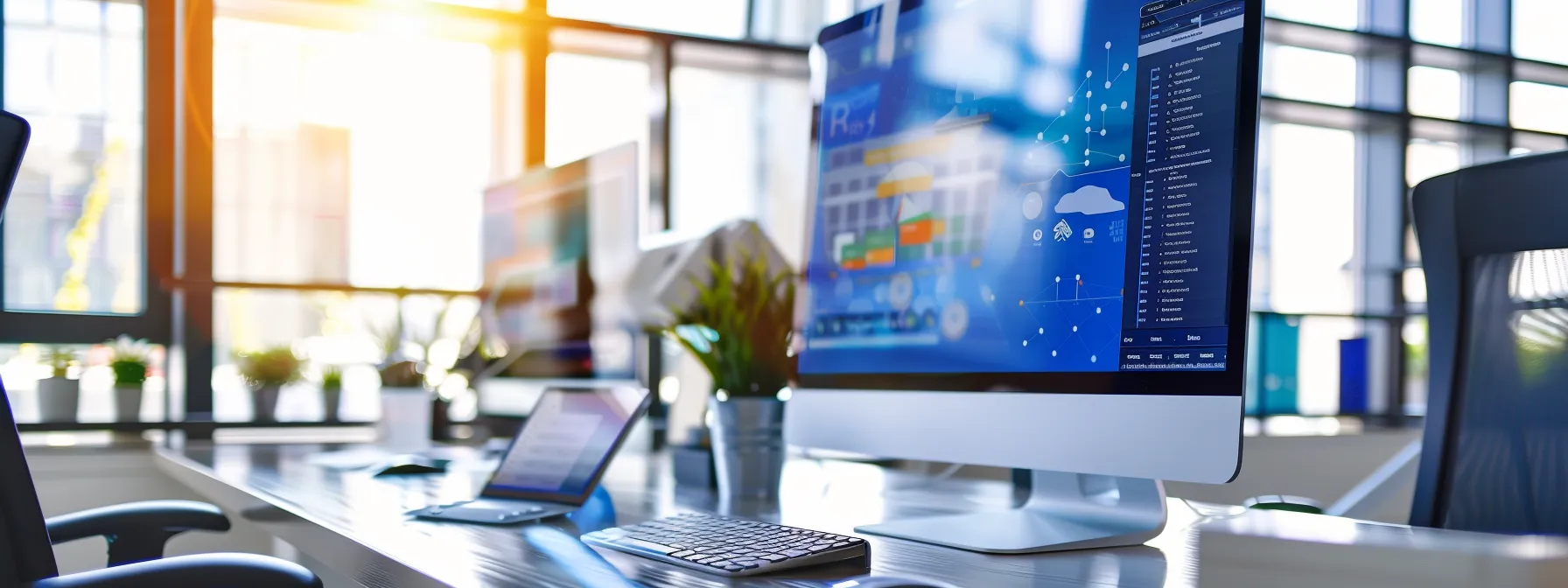 a sleek, modern office workspace features a large monitor displaying a vibrant digital checklist for launching a realtor website, with a stylish keyboard and smartphone prominently placed, exemplifying a tech-savvy approach to optimizing online presence.