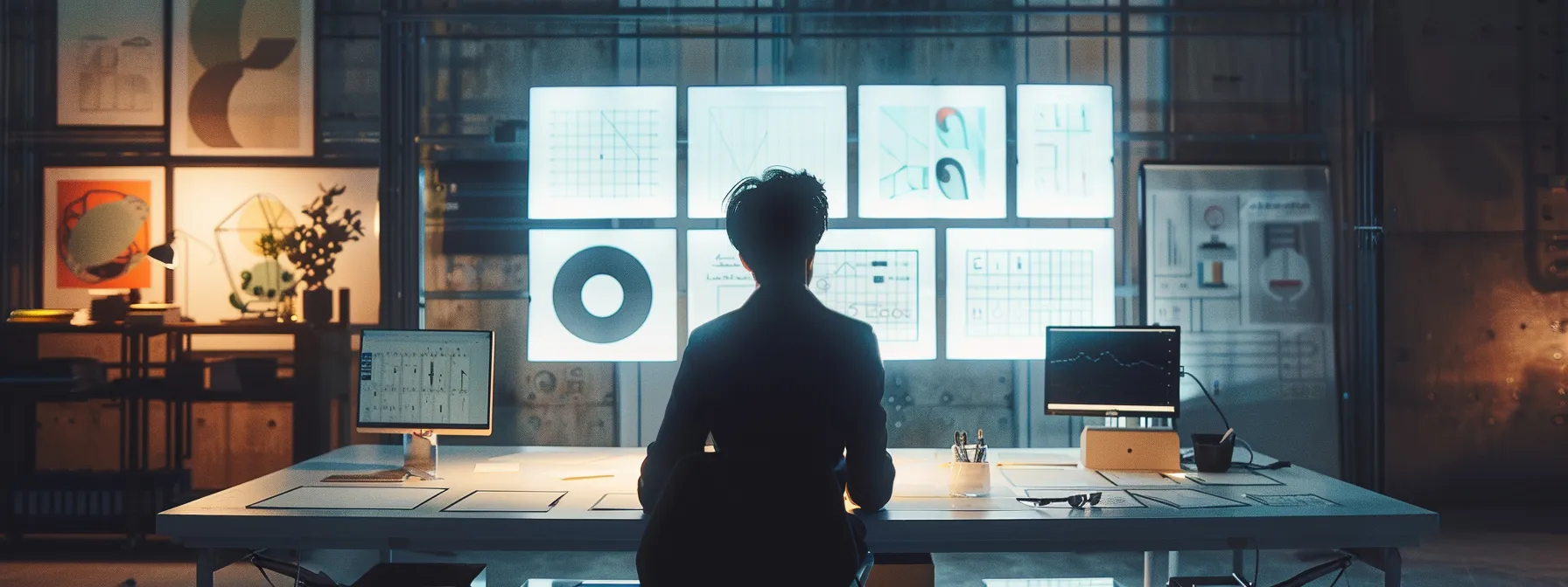 a sleek, modern office workspace features a minimalist design table with multiple logo drafts arranged neatly, showcasing a balance of simple typography and visual clarity, while a focused designer examines them on a large screen illuminated by bright, artificial lighting.