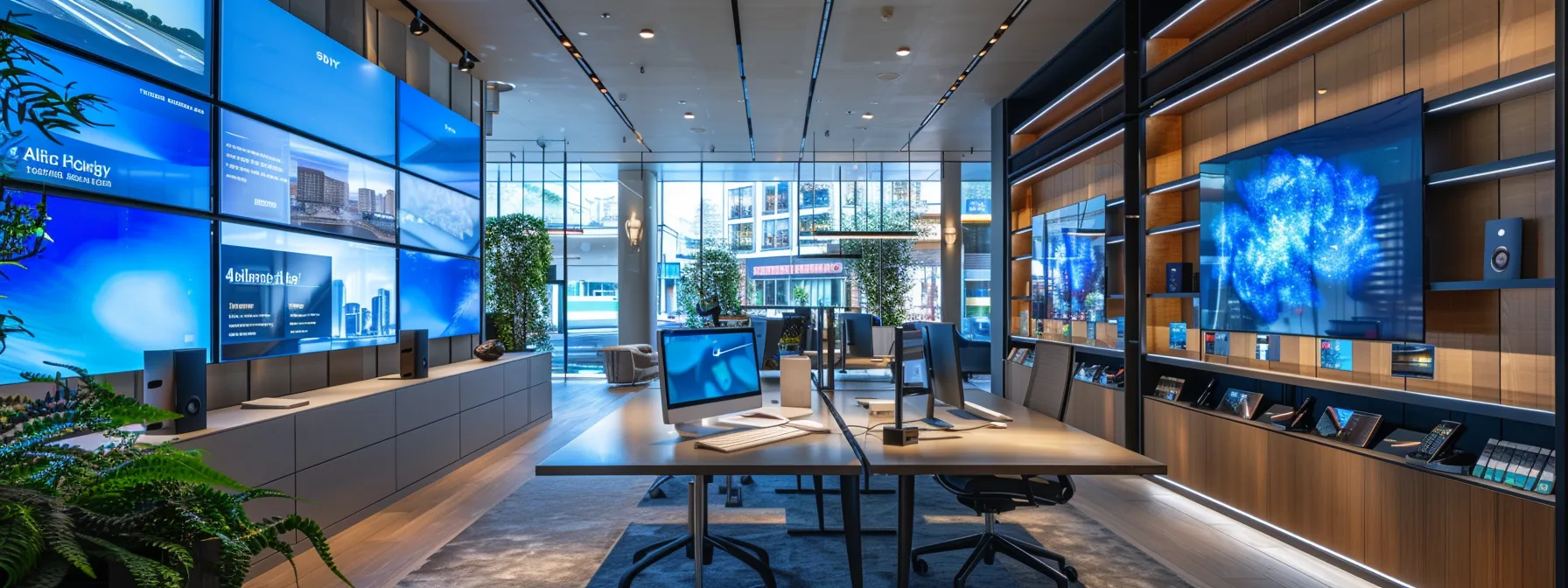 a sleek, modern real estate office bustling with digital screens showcasing advanced ai algorithms, where realtors efficiently manage client appointments through intuitive software interfaces.