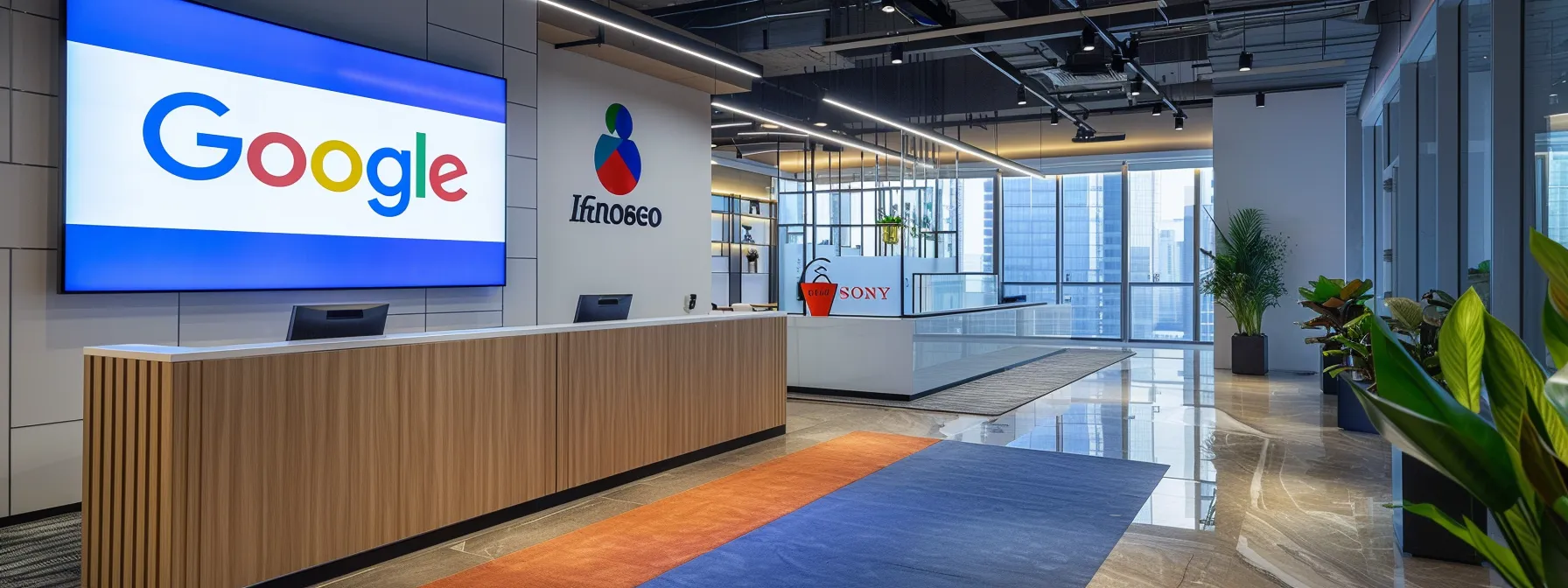 a sleek, modern real estate office showcases a digital screen displaying glowing google reviews prominently alongside a well-organized testimonials wall, illuminated by warm indoor lighting that emphasizes professionalism and trustworthiness.
