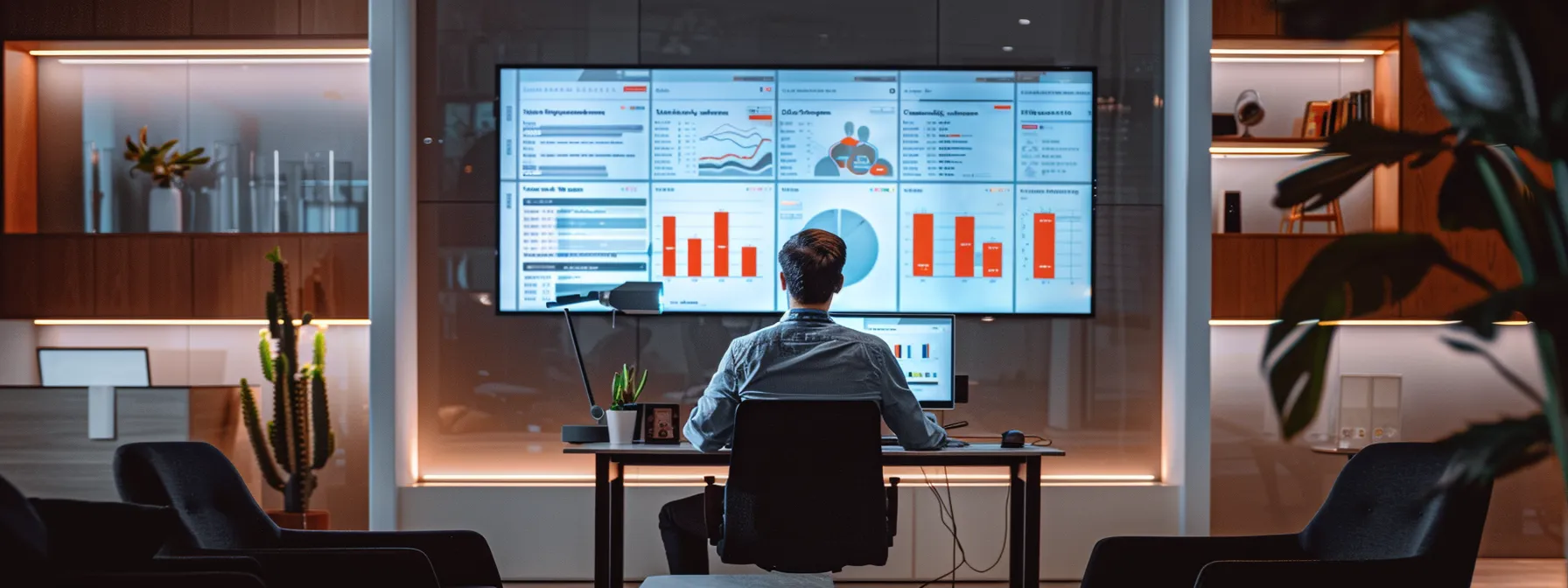a sleek, modern real estate office features a focused agent analyzing yelp reviews on a large digital screen, with vibrant graphs illustrating lead generation and customer engagement, illuminated by soft, ambient lighting.