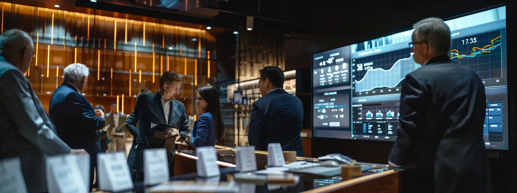 a sleek, modern real estate office is bustling with activity, featuring a large digital screen displaying dynamic home valuation graphs, while agents engage in focused discussions around strategically placed marketing materials and predictive analytics data on a polished conference table.