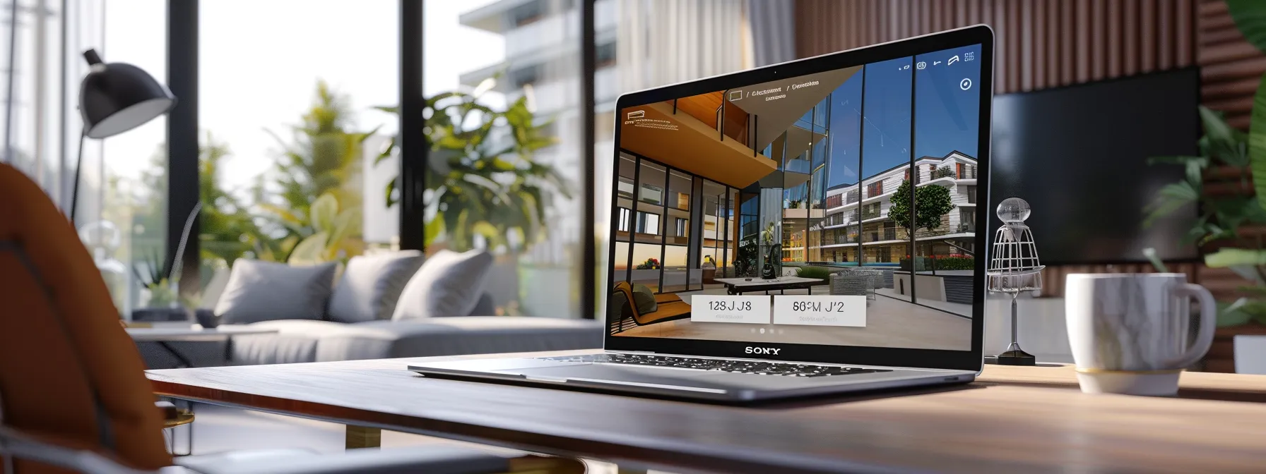 a sleek, modern real estate website home page is displayed on a high-resolution device, showcasing an interactive layout with strategically placed icons and vibrant image elements that create an engaging and professional user experience.