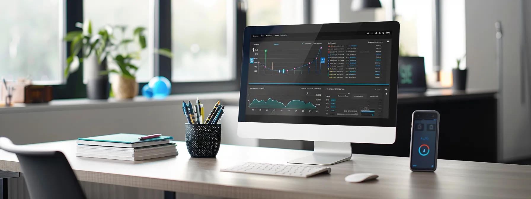 a sleek office interior highlights a modern digital dashboard displaying automated appointment scheduling analytics, showcasing a seamless blend of technology and client satisfaction through streamlined interfaces and integrated calendars.