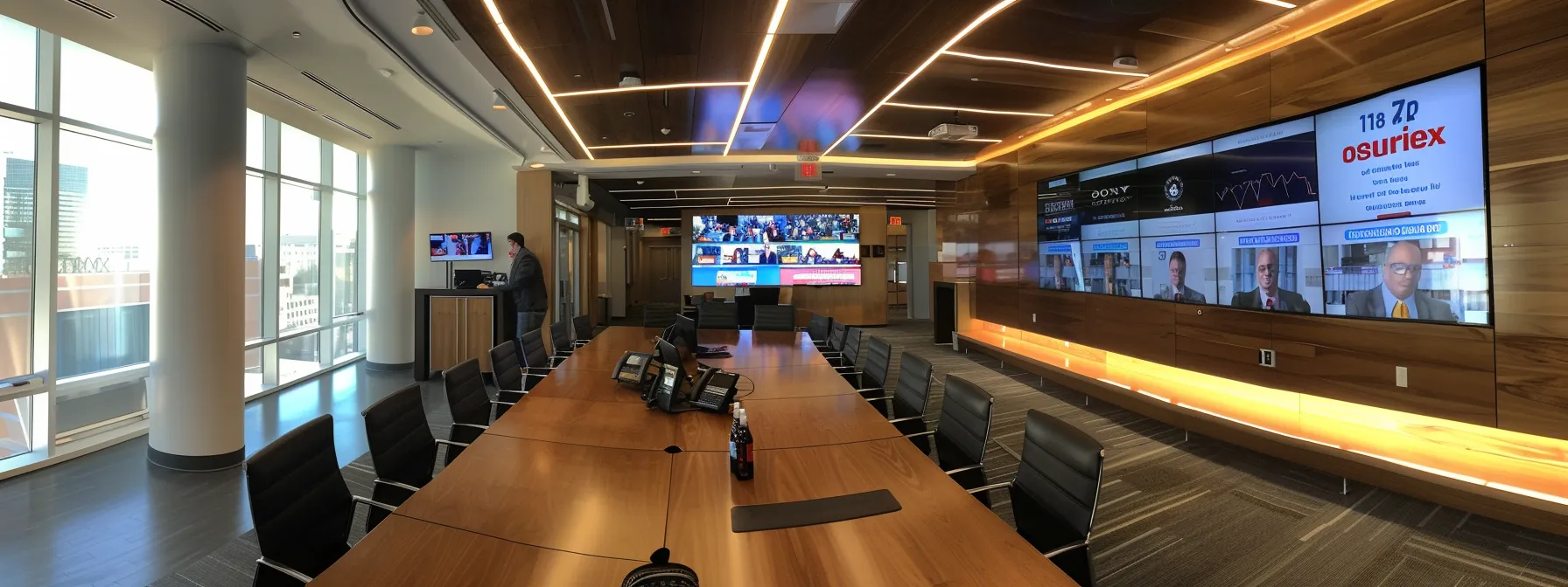 a sleek office space features a modern conference table surrounded by professionals engaged in a dynamic discussion, with digital screens displaying vibrant testimonials and success metrics from realtor websites in the background.