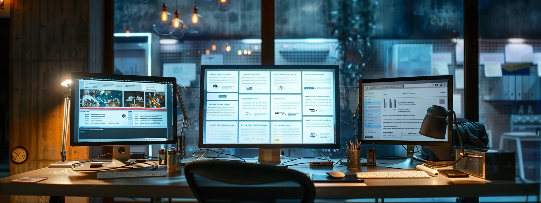 a sleek office workspace features a computer screen displaying a polished website interface, with open tabs showing a regularly updated privacy policy and terms page, illuminated by warm, focused lighting that enhances a professional and secure atmosphere.