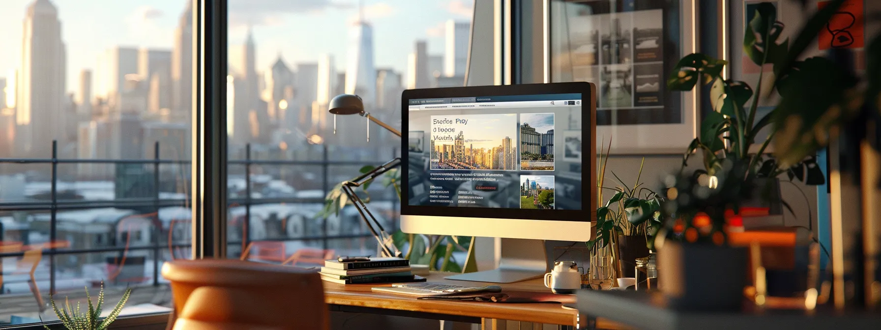 a sleek office workspace features a large computer screen displaying an intuitive real estate website with vibrant colors and clear navigation options, emphasizing the seamless user experience of true homes amidst a modern urban backdrop.