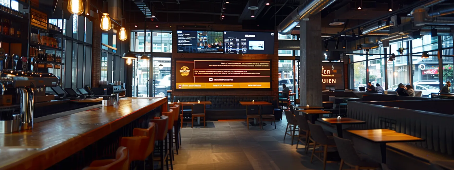 a sleek, well-designed office space features a prominent digital display showcasing vibrant testimonials and client success stories, emphasizing the professionalism and credibility of a trusted realtor in a bustling urban setting.