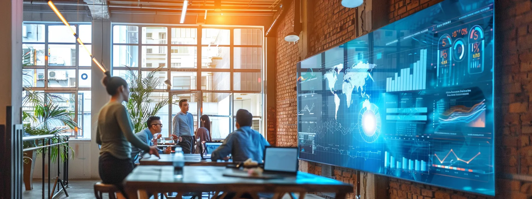 a vibrant, modern office workspace bustling with professionals analyzing dynamic digital screens showcasing user interaction graphs and ai-driven content strategies aimed at maximizing sales through behavioral data segmentation.