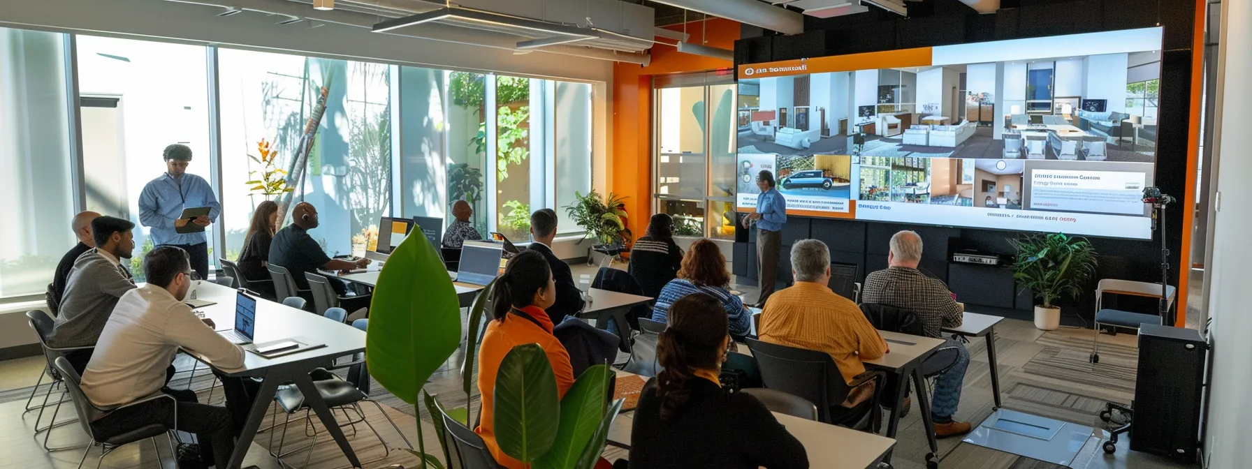 a vibrant office setting showcases a diverse group of professionals engaging in a dynamic home-buying seminar, with a large projector screen displaying key growth strategies, emphasizing collaboration and innovative marketing approaches.