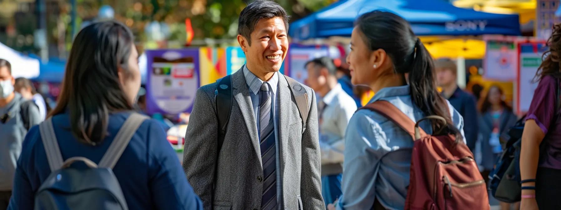 a vibrant urban setting showcases a confident real estate agent engaging with a diverse group of community members at a bustling local event, with colorful banners and booths emphasizing networking and connection.