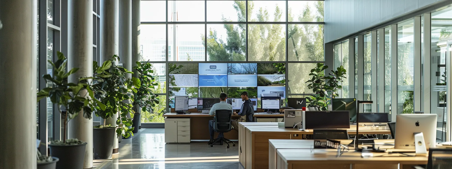 a visually dynamic office space features a professional at a sleek desk, surrounded by strategically placed digital screens showcasing engaging persuasive copy, infusing a sense of innovation and high conversion potential.