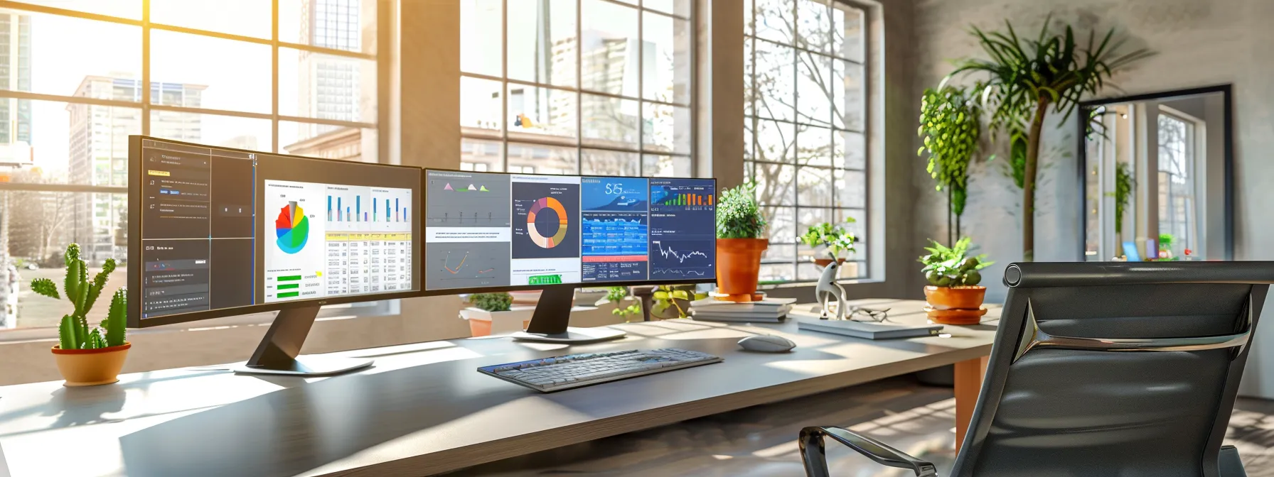 an elegant modern office featuring a sleek desk with dual monitors displaying colorful crm software dashboards, surrounded by real estate brochures and strategic planning materials, illuminated by bright ambient lighting to emphasize a professional atmosphere.
